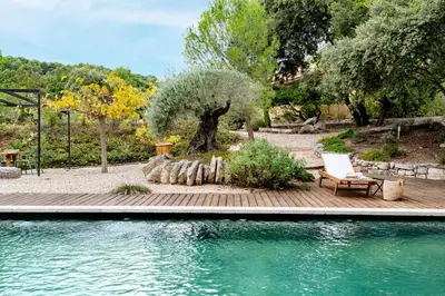 a statue of two birds next to a swimming pool at Mas du Loriot in Murs