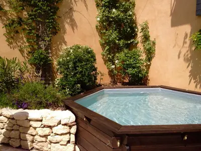 a hot tub in a garden with plants at Les 3 Terrasses in Roussillon
