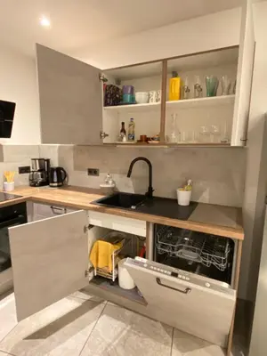 a kitchen with a sink and a dishwasher at T3 au pied des Tours du Château in Châteaurenard