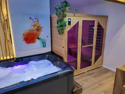 a bedroom with a large bed and a bathroom at Suite l'Olive Sacrée Spa et Sauna in Cabannes
