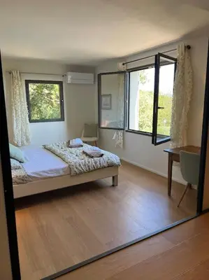 a bedroom with a bed and two windows and a mirror at L'appart du mas du Zébu Bleu in Vernègues