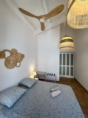 a bedroom with a bed with a ceiling fan at Terrasse à Aix en Provence centre historique in Aix-en-Provence