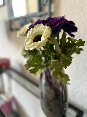 a vase with purple and white flowers in it at Appartement spacieux en Provence in Châteaurenard