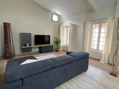 a living room with a blue couch and a tv at Appartement 100 m2 au cœur de l'Isle sur la Sorgue in LʼIsle-sur-la-Sorgue