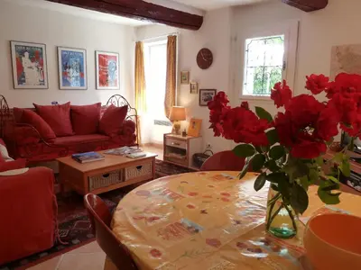 a living room with a table with a vase of red flowers at La Calvinette in Pernes-les-Fontaines
