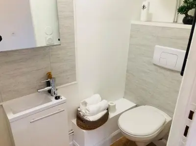 a small bathroom with a toilet and a sink at Maisonnette T1 au calme à 1min à pied de la gare SNCF in Miramas