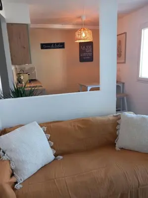 a brown couch in a living room with a mirror at Studio entièrement rénové in Cavaillon