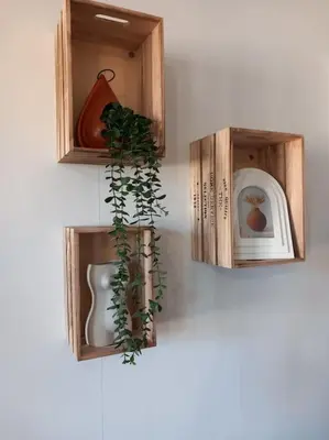 two wooden boxes with a potted plant on a wall at Studio entièrement rénové in Cavaillon