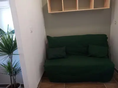 a green couch in a room with a plant at Studio entièrement rénové in Cavaillon