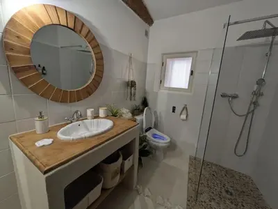 a bathroom with a sink and a toilet and a mirror at La Galatée, Balnéo et Sauna privatifs in Saint-Saturnin-lès-Avignon