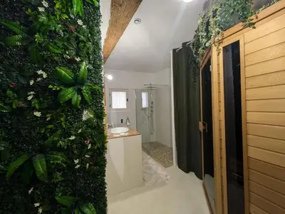 a bathroom with a green wall with a sink at La Galatée, Balnéo et Sauna privatifs in Saint-Saturnin-lès-Avignon