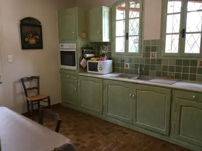 a kitchen with green cabinets and white appliances at Maison avec piscine privative Taillades Luberon LS2-281 in Les Taillades