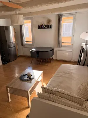 a living room with a couch and a table at T2 lumineux hyper centre Aix en Provence à quelques metres du Cours Mirabeau pour 1 à 5 personnes in Aix-en-Provence