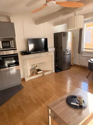 a living room with a stove and a refrigerator at T2 lumineux hyper centre Aix en Provence à quelques metres du Cours Mirabeau pour 1 à 5 personnes in Aix-en-Provence