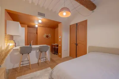 a bedroom with a bed and a kitchen with a sink at Appartement Belle Lettre 1 in Aix-en-Provence