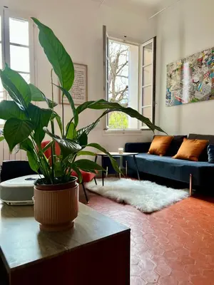 a living room with a potted plant on a table at La Suite Mazarin in Aix-en-Provence