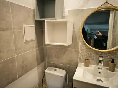 a bathroom with a toilet and a sink and a mirror at Le Nid plein centre in Salon-de-Provence