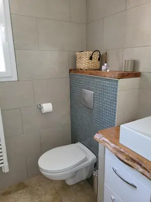 a bathroom with a white toilet and a sink at L'escapade provençale in Lioux