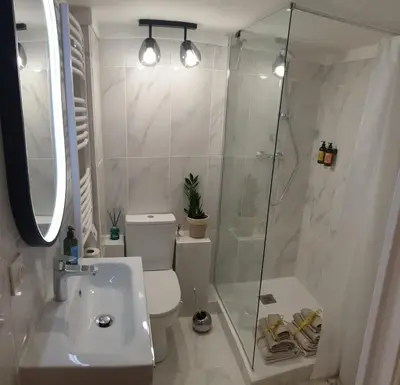 a bathroom with a shower and a toilet and a sink at Joli Appart Climatisé Hyper Calme Quartier Mairie in Aix-en-Provence