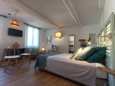 a bedroom with a bed and a living room at Centre historique studio rénové avec vue in LʼIsle-sur-la-Sorgue