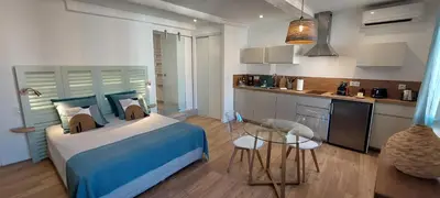 a bedroom with a bed and a table and a kitchen at Centre historique studio rénové avec vue in LʼIsle-sur-la-Sorgue