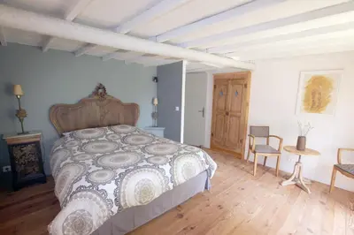 a bedroom with a large bed and a wooden floor at La ferme du Loup in Cucuron