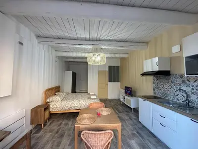 a kitchen and living room with a table and a bed at Studio centre de Charleval in Charleval