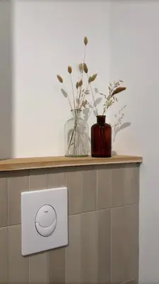 a shelf with a switch and a vase with flowers at Le Granier location in Robion en Luberon