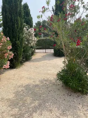 a garden with a fence and some bushes and flowers at Petite maison au calme avec piscine privative in Saint-Rémy-de-Provence