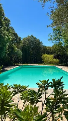 a blue swimming pool with trees in the background at Mas exceptionnel à Lagnes, Provence in Lagnes