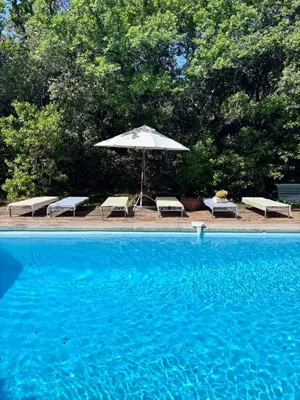 a pool with an umbrella and two benches and a table and chairs at Mas exceptionnel à Lagnes, Provence in Lagnes
