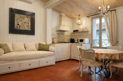 a living room with a couch and a table at Le Coeur de L'Isle, Cosy, Hypercentre, Clim, Wifi, TV, Netflix in LʼIsle-sur-la-Sorgue