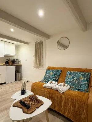 a living room with a couch and a table at Studio de Charme, Plein centre in LʼIsle-sur-la-Sorgue