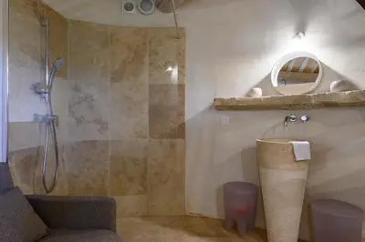 a bathroom with a shower with a toilet and a sink at Gîte de charme face au Luberon, avec Jacuzzi in Oppède