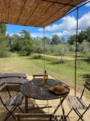 a picnic table under an umbrella on a patio at Gîte de charme face au Luberon, avec Jacuzzi in Oppède