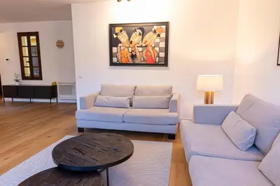 a living room with two couches and a table at Appartement centre Aix Terrace et ascenseur in Aix-en-Provence