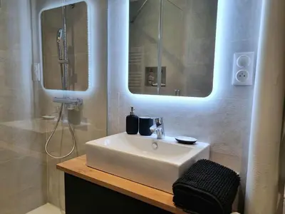 a bathroom with a white sink and a mirror at Bright T2 - parking - AC in Aix-en-Provence