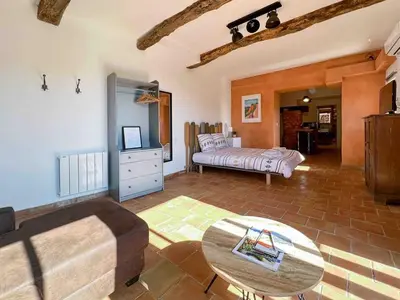 a living room with a couch and a table at Apartment Roussillon village Ocre Air conditioning in Roussillon