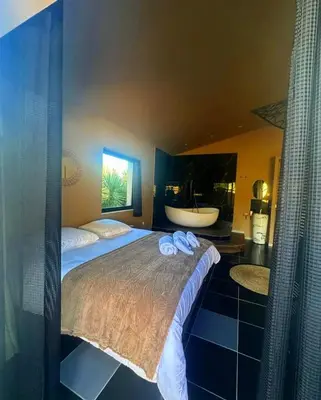 a bedroom with a large bed and a bath tub at Chambre de charme indépendante Alba avec baignoire îlot - Domaine Astra, Grans in Grans
