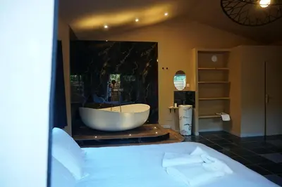 a bathroom with a bath tub and a bed at Chambre de charme indépendante Alba avec baignoire îlot - Domaine Astra, Grans in Grans