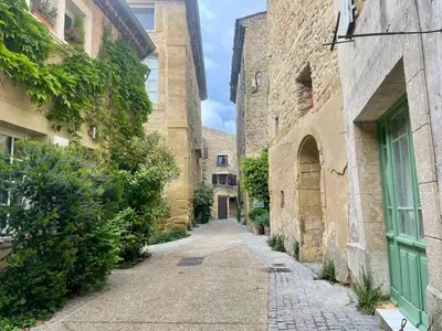 an alley between two stone buildings with a green door at Quiet Provencal bastide with pool close Lourmarin in Lauris