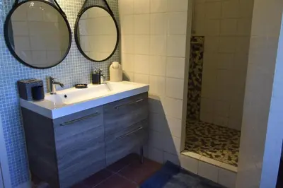 a bathroom with a sink and a shower at Gite chez les Truph in Entraigues-sur-la-Sorgue