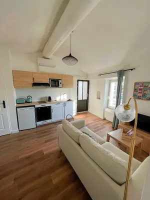 a living room with a couch and a kitchen at Charmant appartement indépendant in Cavaillon