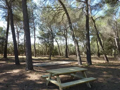 a wooden picnic table in a park with trees at Les Mazets du Luberon in Puget