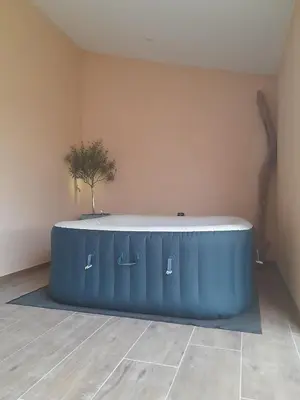 a large blue tub in a room with a tree at Gîte La Chouette Hulotte classé 3 étoiles Spa, Mt Ventoux, Parc Spirou in Flassan