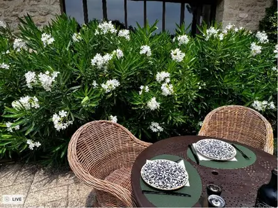 a table with two chairs and a table with plates at Mas des Gémeaux in Ménerbes