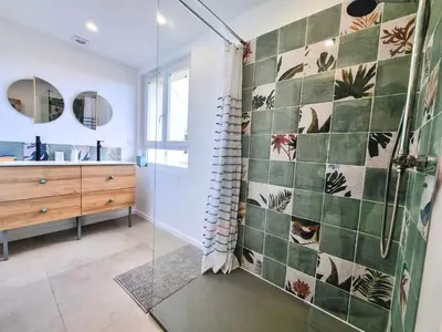 a bathroom with a shower and a sink at Lou Miradou in Maubec