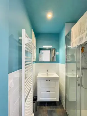 a bathroom with a white sink and a shower at Grande maison de famille rénovée, vue sur Sainte Victoire in Venelles
