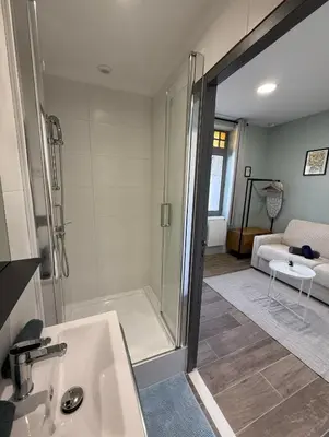 a bathroom with a shower and a sink with a glass door at Studio raffiné - Aix hypercentre in Aix-en-Provence