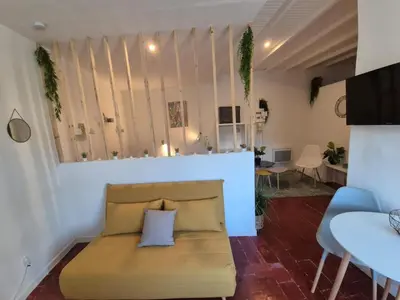 a living room with a couch and a table at Cosy downtown studio in Apt